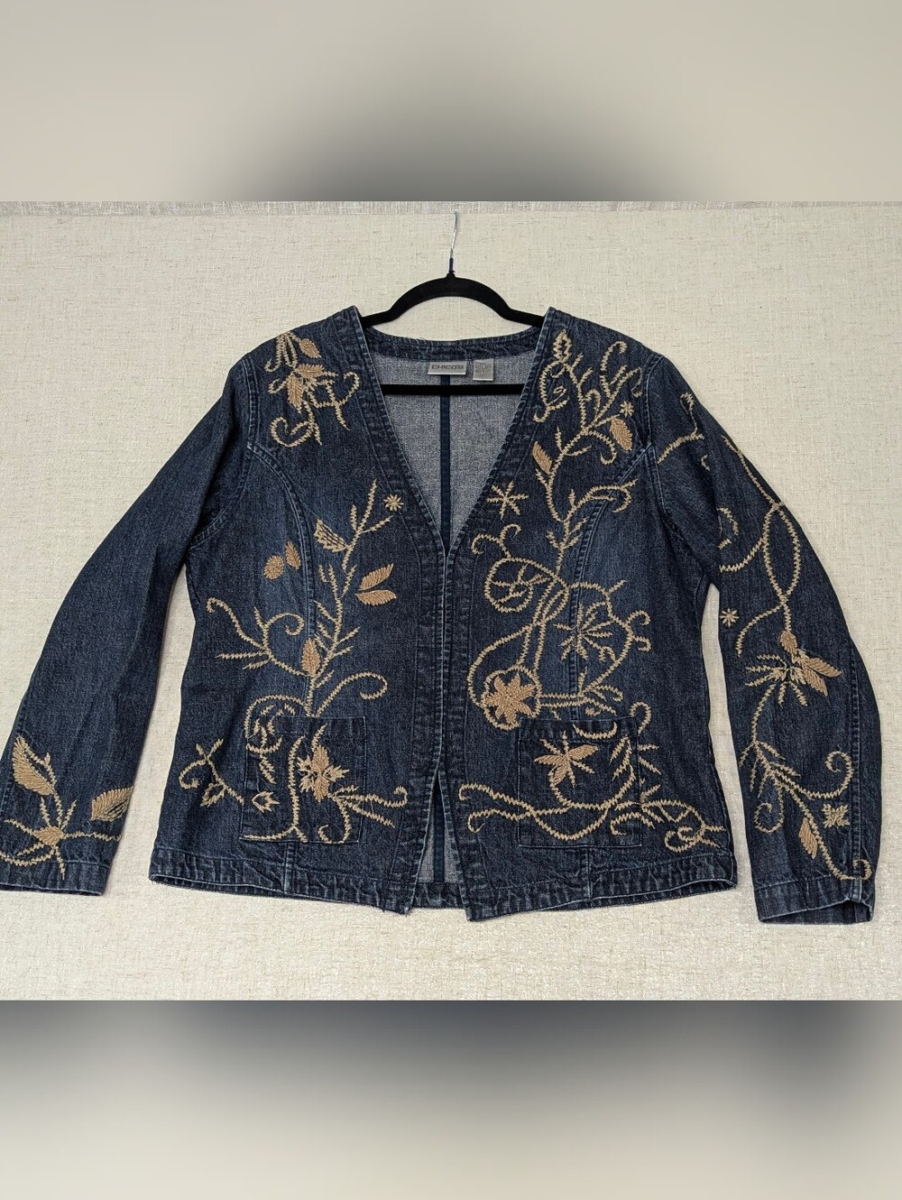 Chicos Embroidered Denim Jacket Blue Floral Cording Open Front Size 2 (L/12)